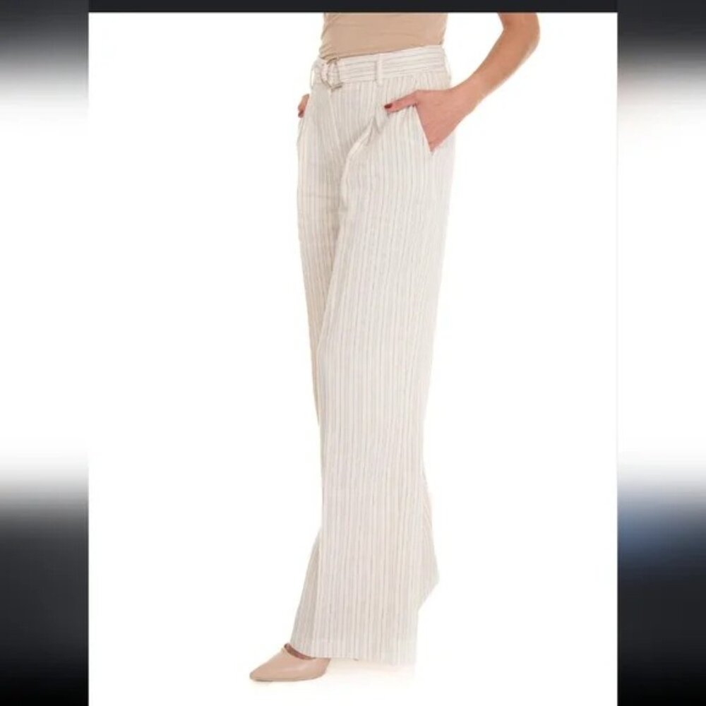 Lane Bryant Wide Leg Striped Belted Cream/Tan 55% Linen 45% Rayon Pants NWT